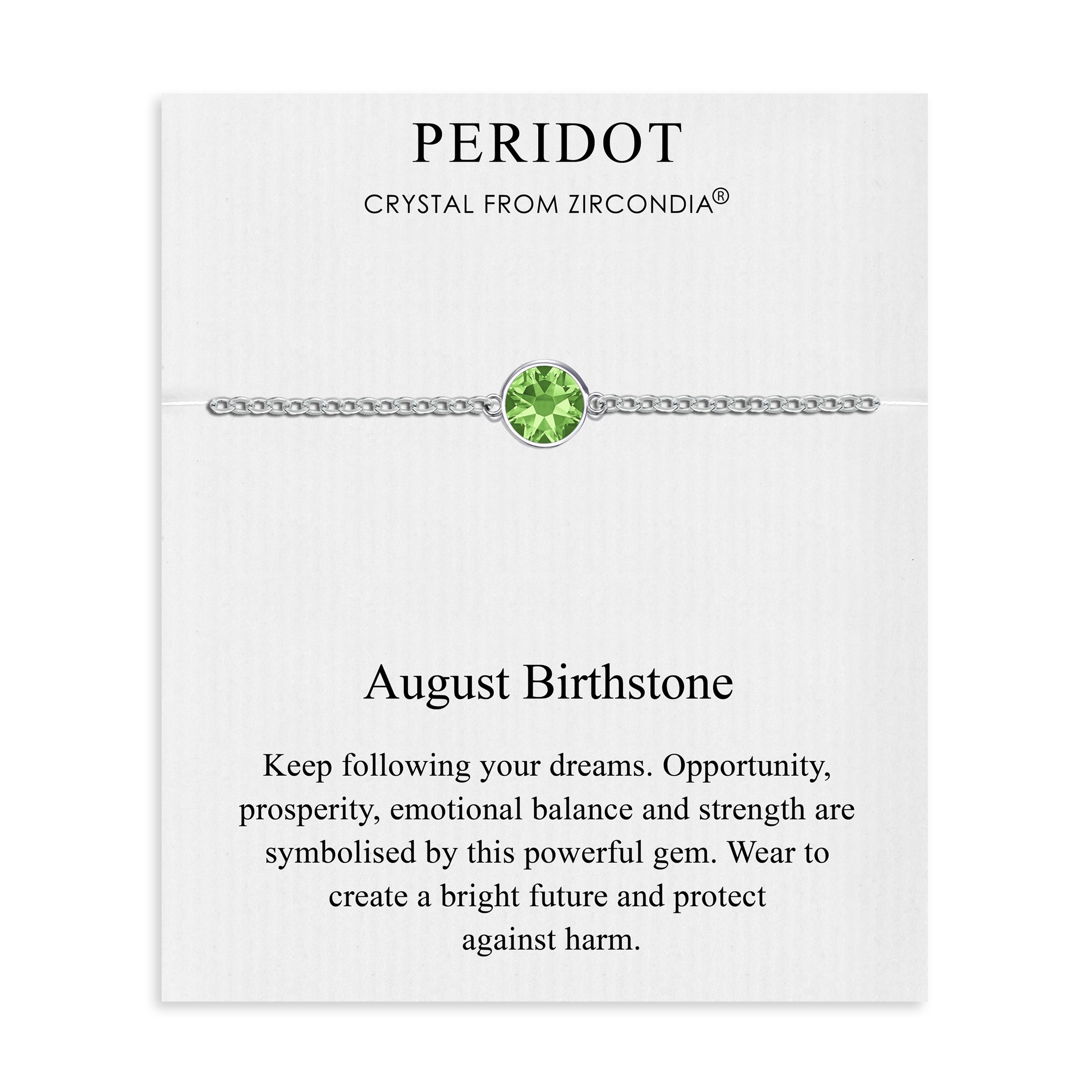 August (Peridot) Birthstone Anklet Created with Zircondia® Crystals by Philip Jones Jewellery