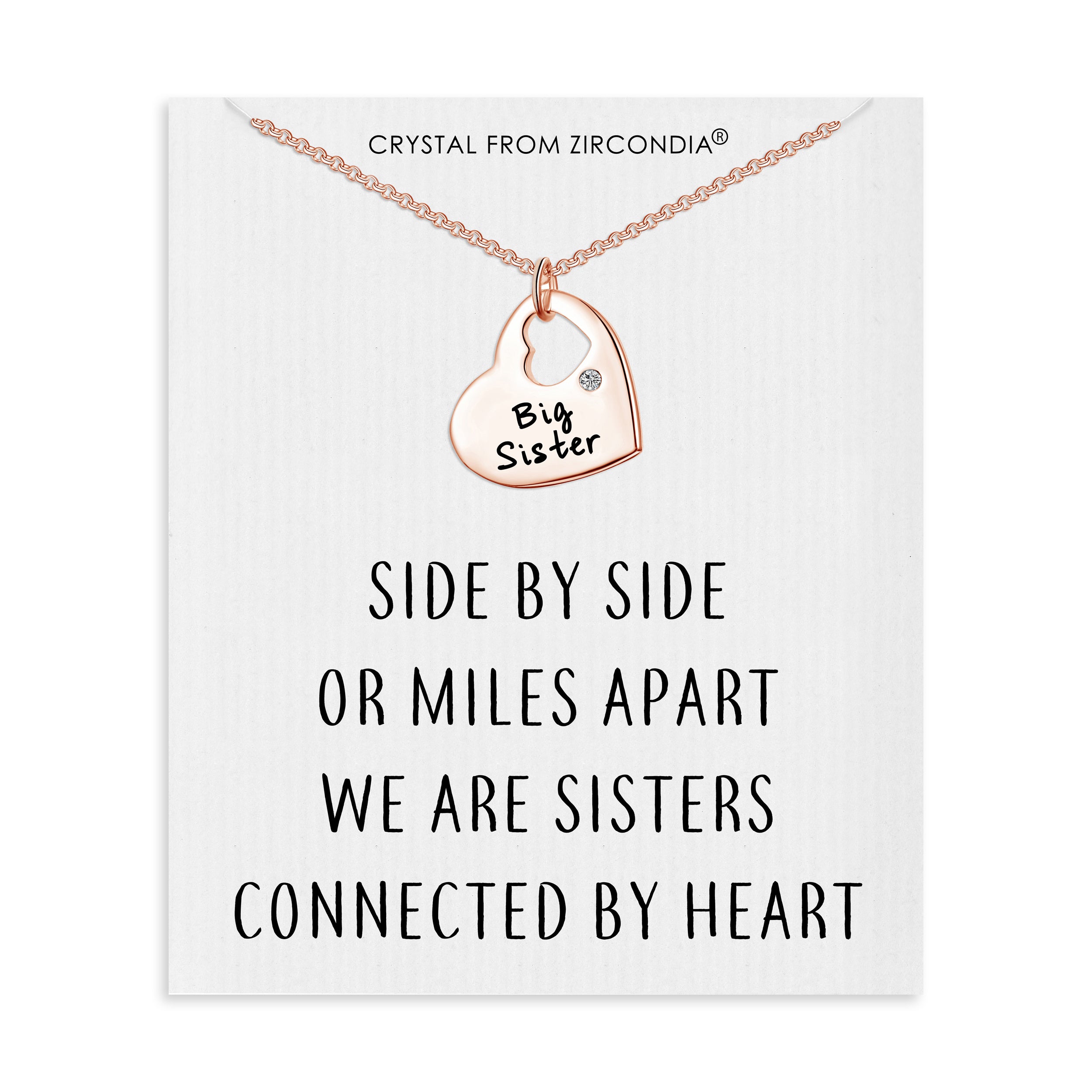 Rose Gold Plated Big Sister Heart Necklace with Quote Card Created with Zircondia® Crystals by Philip Jones Jewellery