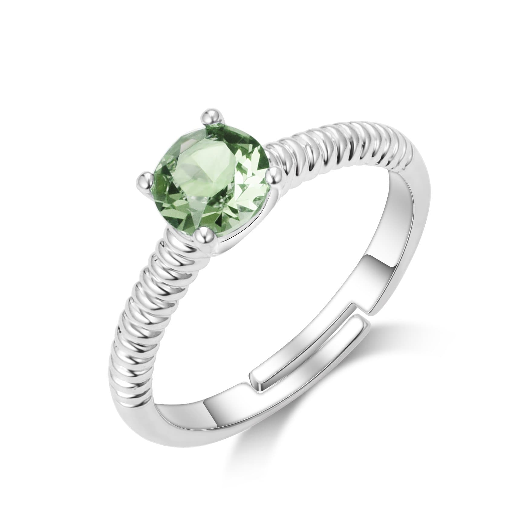 Light Green Adjustable Crystal Ring Created with Zircondia® Crystals by Philip Jones Jewellery
