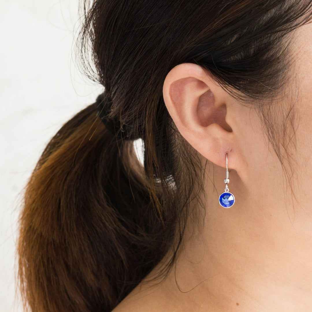 Dark Blue Crystal Drop Earrings Created with Zircondia® Crystals - Philip Jones Jewellery