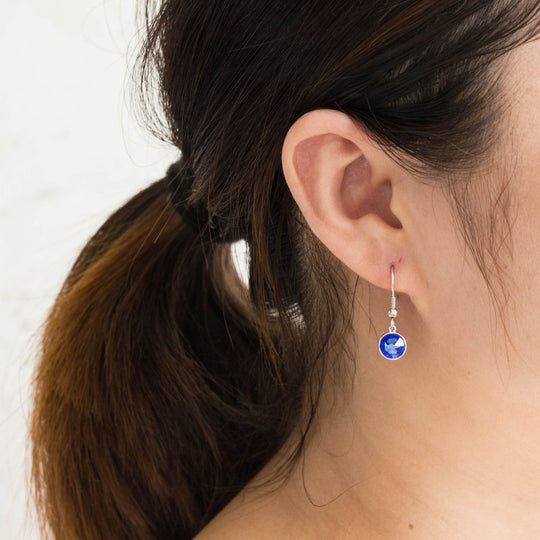 Dark Blue Crystal Drop Earrings Created with Zircondia® Crystals - Philip Jones Jewellery