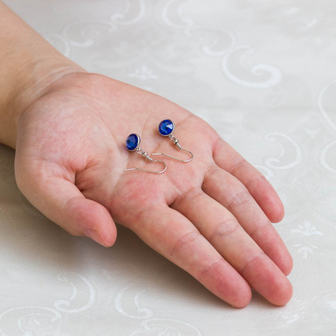 Dark Blue Crystal Drop Earrings Created with Zircondia® Crystals - Philip Jones Jewellery