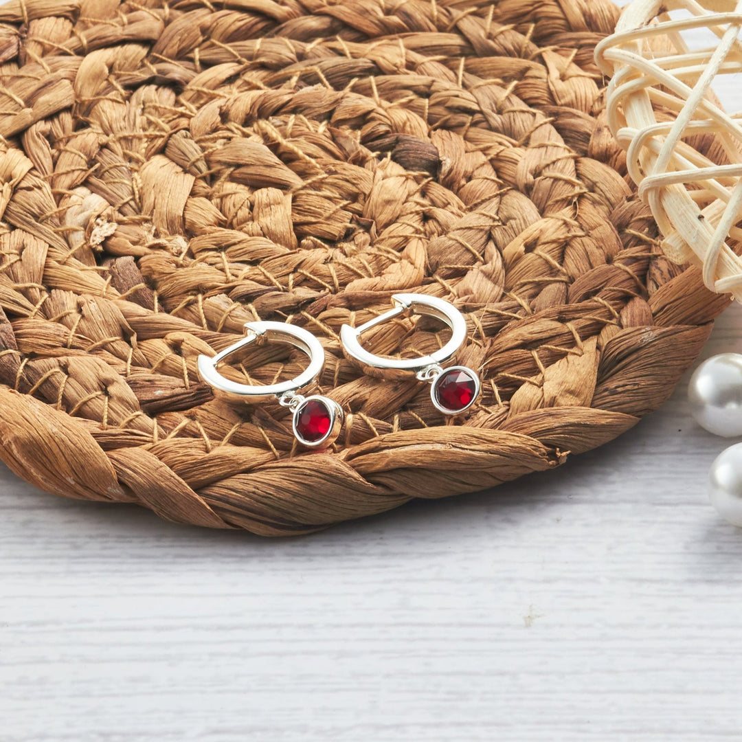 Dark Red Crystal Hoop Earrings Created with Zircondia® Crystals - Philip Jones Jewellery