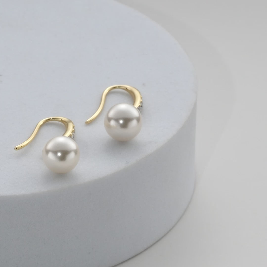 Gold Plated Pearl Drop Earrings Created with Zircondia® Crystals Video