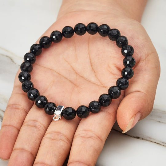 Faceted Black Onyx Gemstone Charm Stretch Bracelet - Philip Jones Jewellery