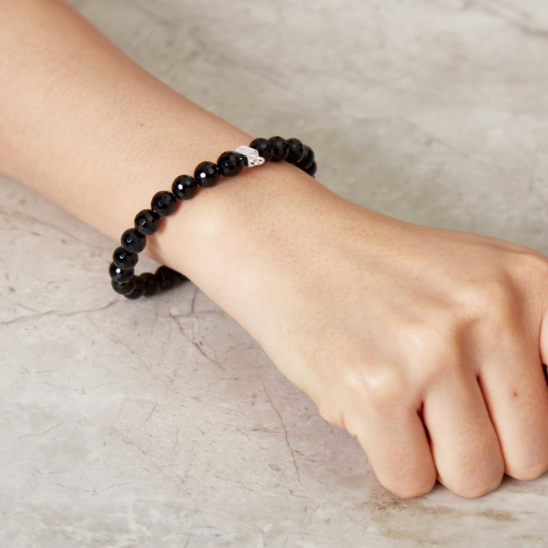 Faceted Black Onyx Gemstone Charm Stretch Bracelet - Philip Jones Jewellery