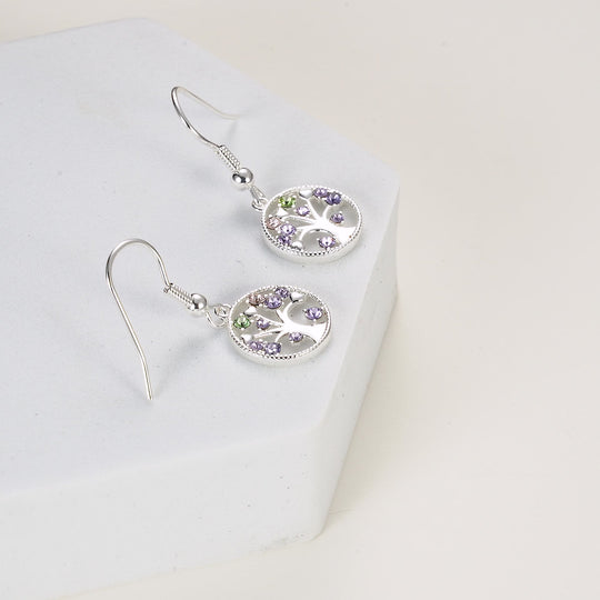 Silver Plated Chakra Tree of Life Drop Earrings Created with Crystals from Zircondia® Video