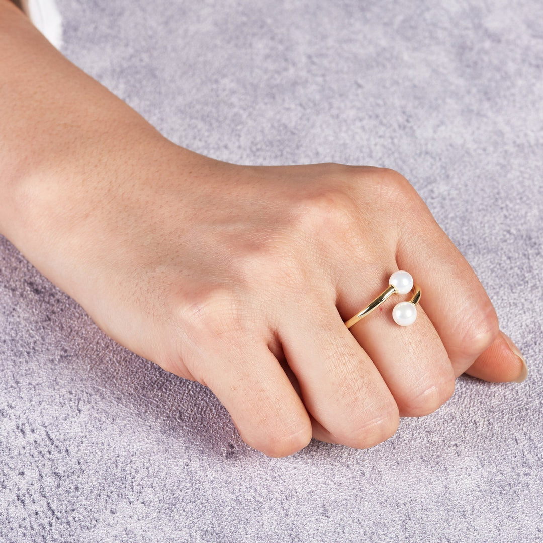 Gold Plated Adjustable Double Pearl Ring - Philip Jones Jewellery