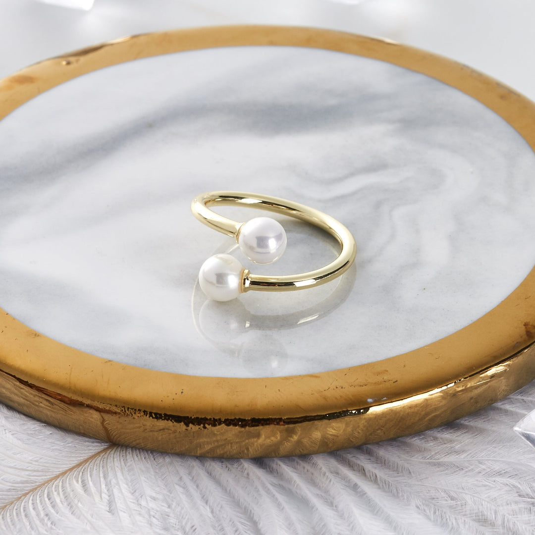Gold Plated Adjustable Double Pearl Ring - Philip Jones Jewellery