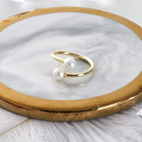 Gold Plated Adjustable Double Pearl Ring - Philip Jones Jewellery