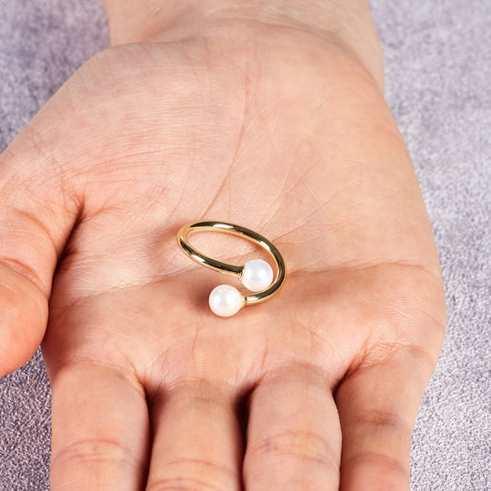 Gold Plated Adjustable Double Pearl Ring - Philip Jones Jewellery