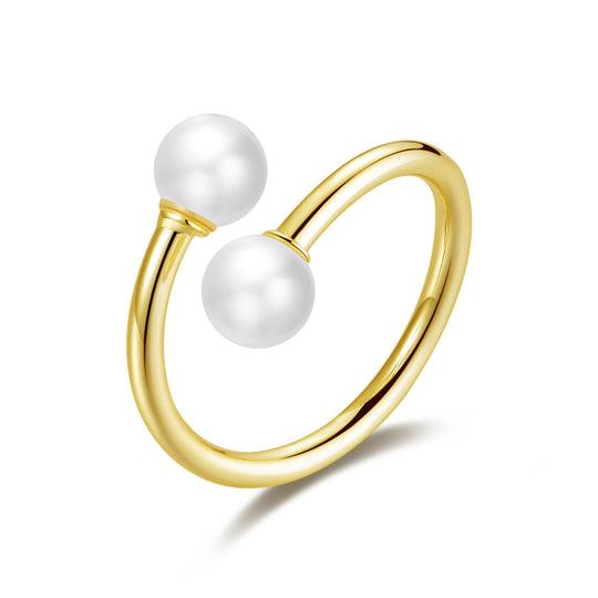 Gold Plated Adjustable Double Pearl Ring - Philip Jones Jewellery