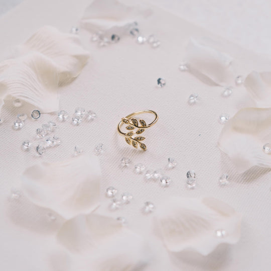Gold Plated Adjustable Leaf Ring Created with Zircondia® Crystals - Philip Jones Jewellery