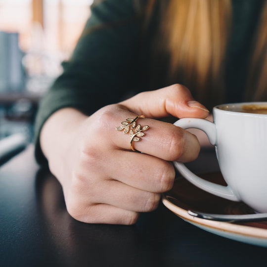 Gold Plated Adjustable Leaf Ring Created with Zircondia® Crystals - Philip Jones Jewellery