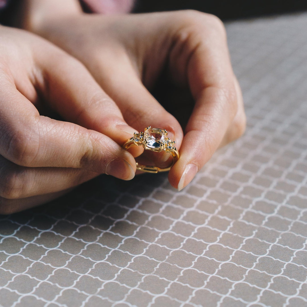 Gold Plated Adjustable Three Stone Ring Created with Zircondia® Crystals - Philip Jones Jewellery