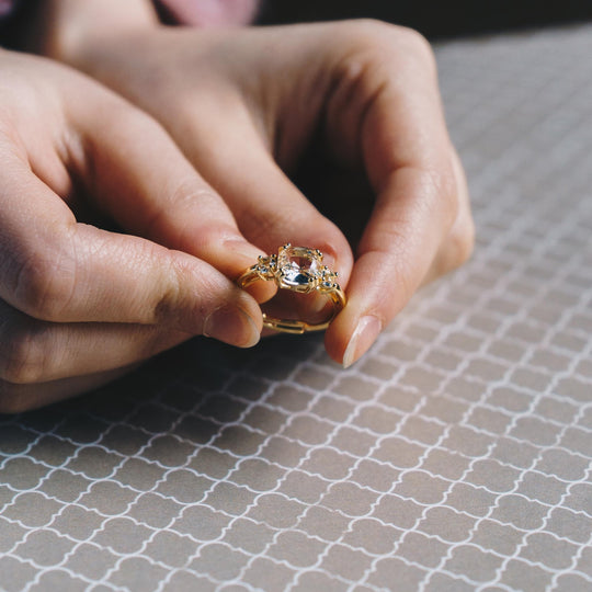 Gold Plated Adjustable Three Stone Ring Created with Zircondia® Crystals - Philip Jones Jewellery