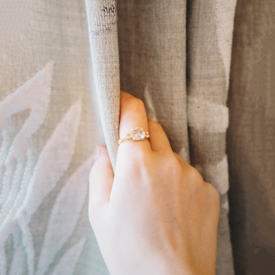 Gold Plated Adjustable Three Stone Ring Created with Zircondia® Crystals - Philip Jones Jewellery