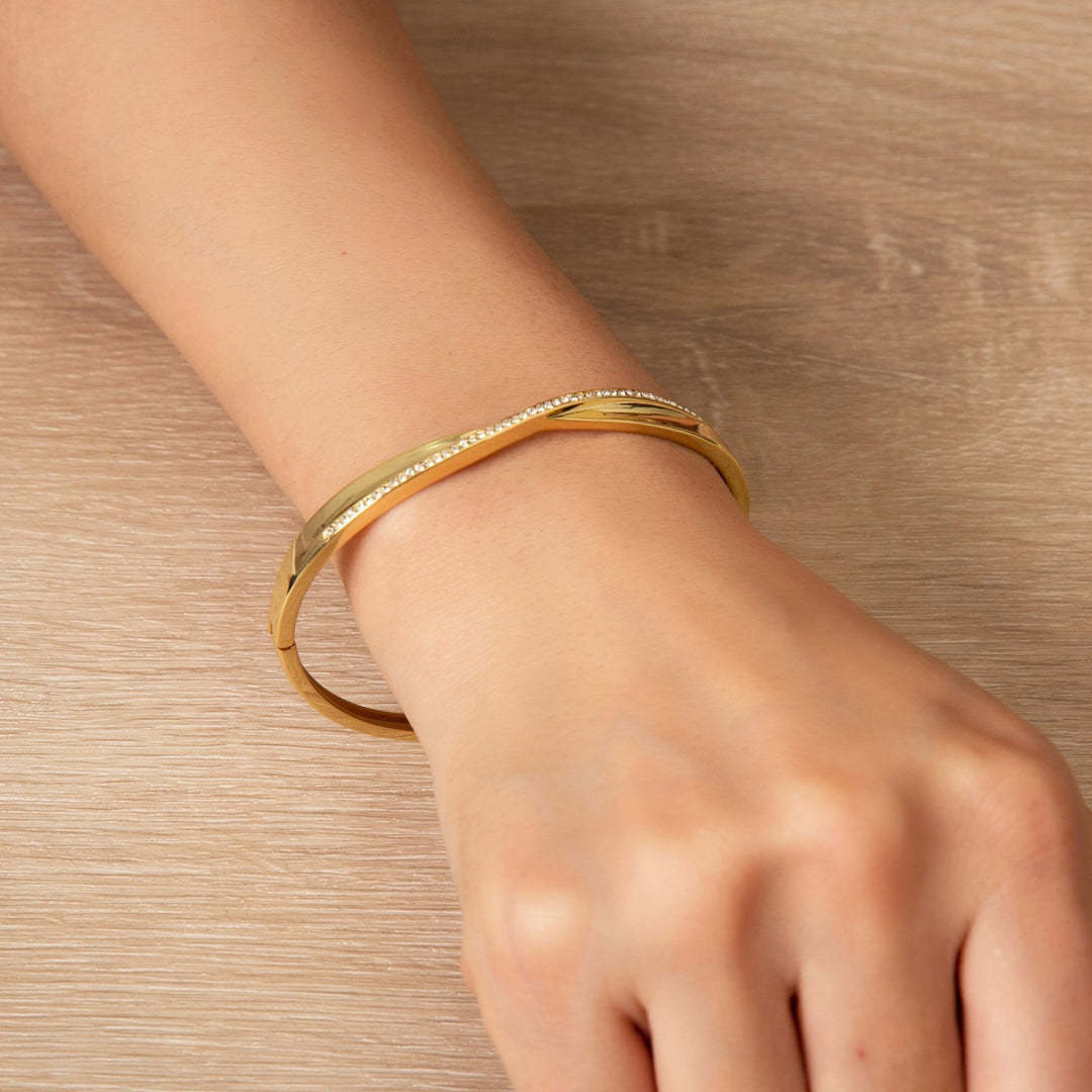 Gold Plated Arc Bangle Created with Zircondia® Crystals (7 Inch) - Philip Jones Jewellery