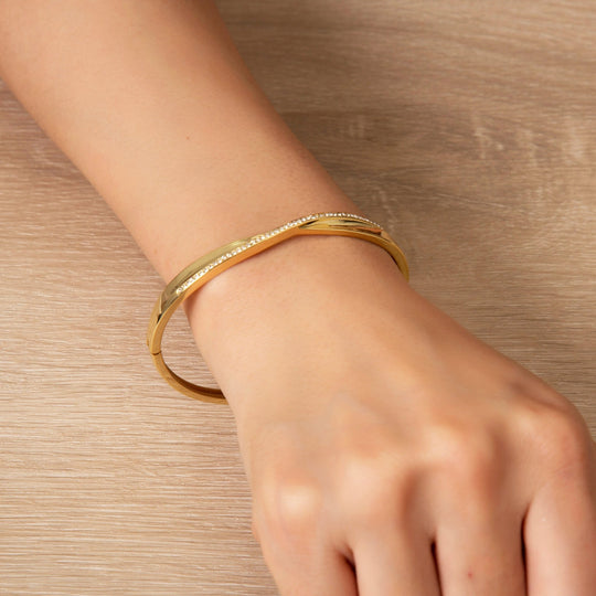 Gold Plated Arc Bangle Created with Zircondia® Crystals (7 Inch) - Philip Jones Jewellery