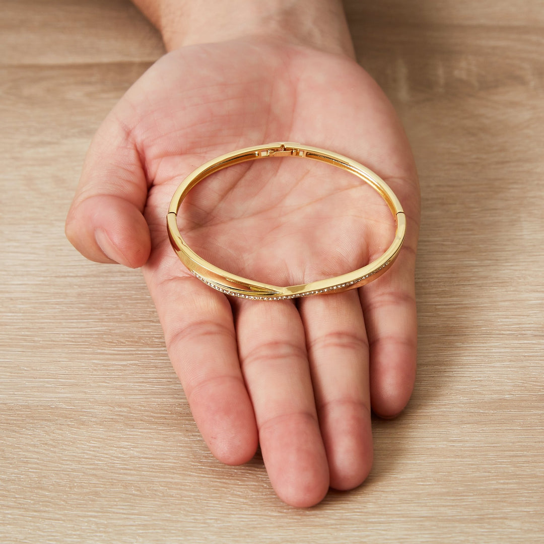 Gold Plated Arc Bangle Created with Zircondia® Crystals (7 Inch) - Philip Jones Jewellery