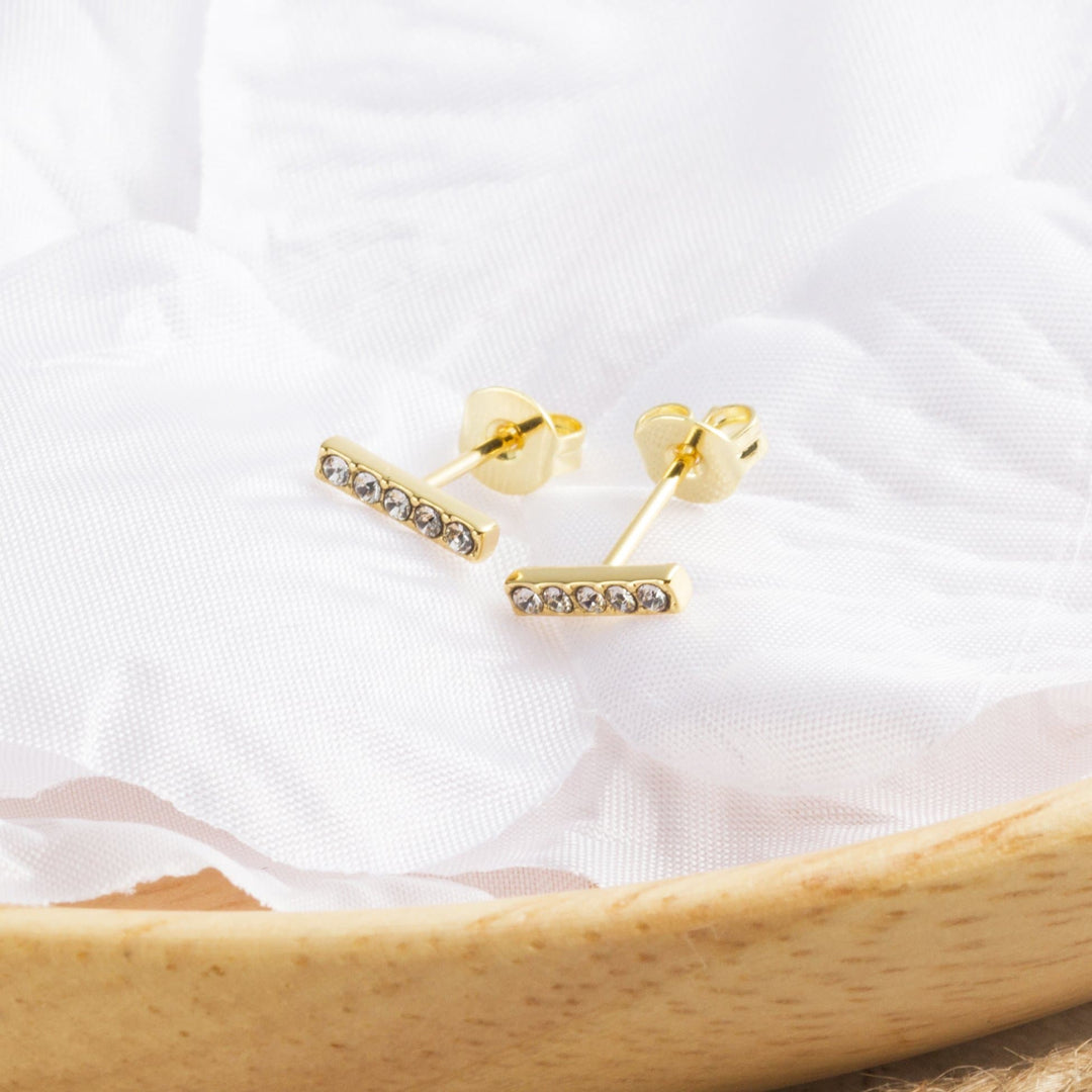 Gold Plated Bar Earrings Created with Zircondia® Crystals - Philip Jones Jewellery