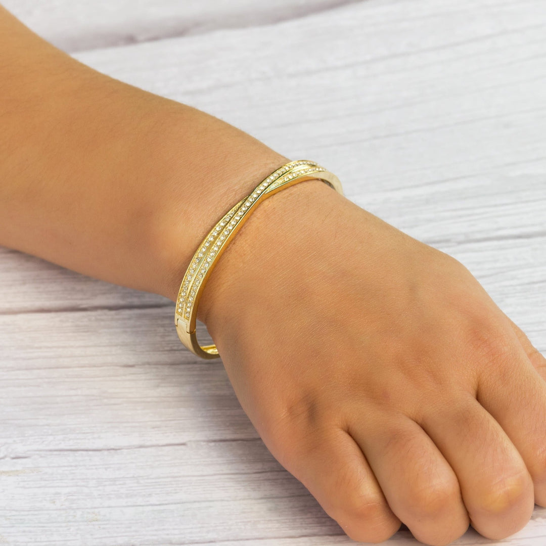 Gold Plated Crossover Bangle Created with Zircondia® Crystals (7 Inch) - Philip Jones Jewellery