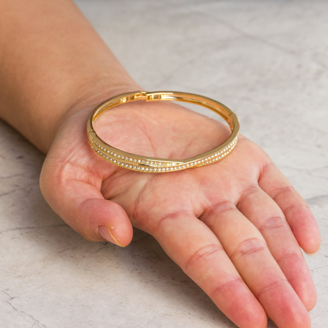 Gold Plated Crossover Bangle Created with Zircondia® Crystals (7 Inch) - Philip Jones Jewellery