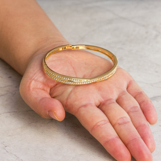 Gold Plated Crossover Bangle Created with Zircondia® Crystals (7 Inch) - Philip Jones Jewellery