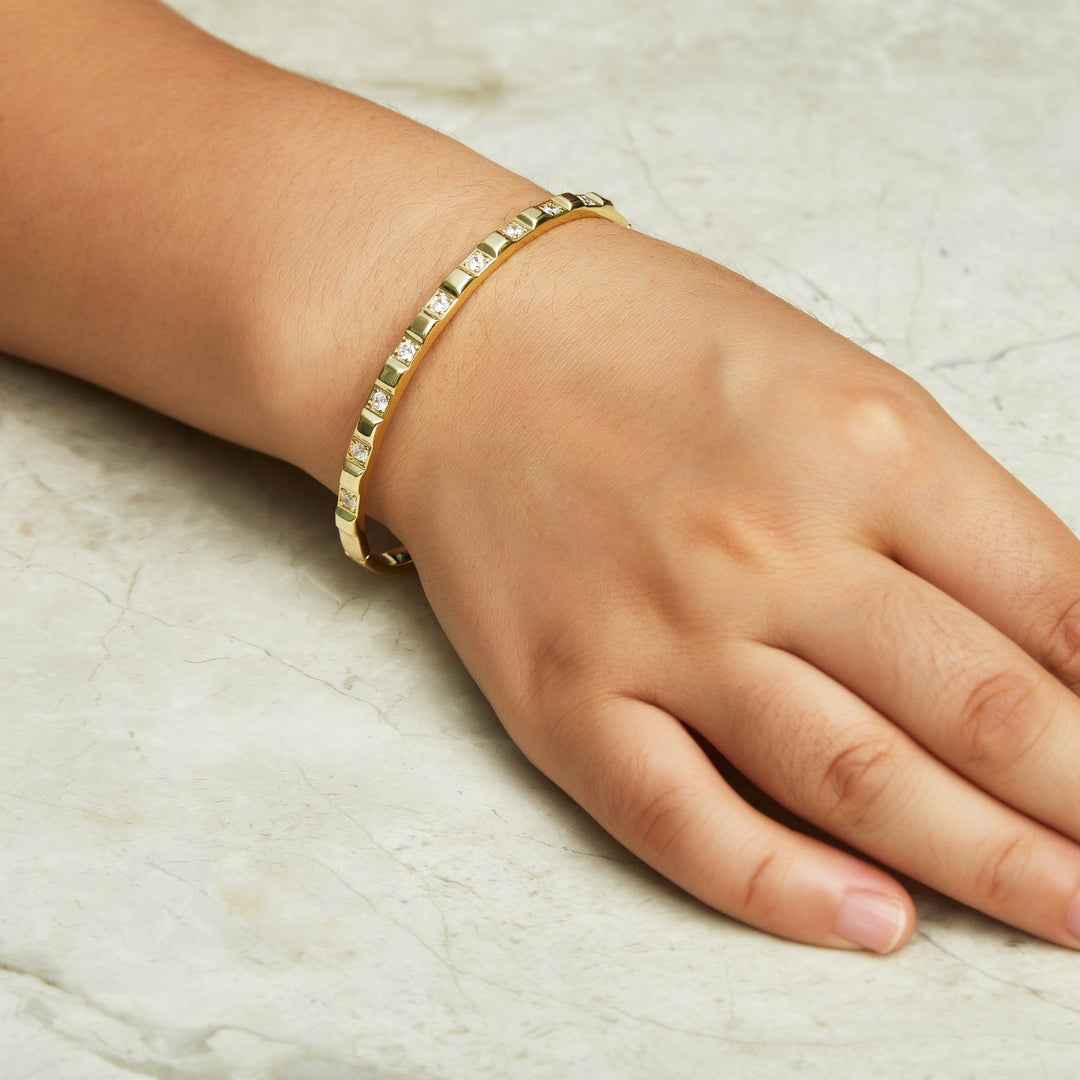 Gold Plated Cubic Bangle Created with Zircondia® Crystals (7 Inch) - Philip Jones Jewellery