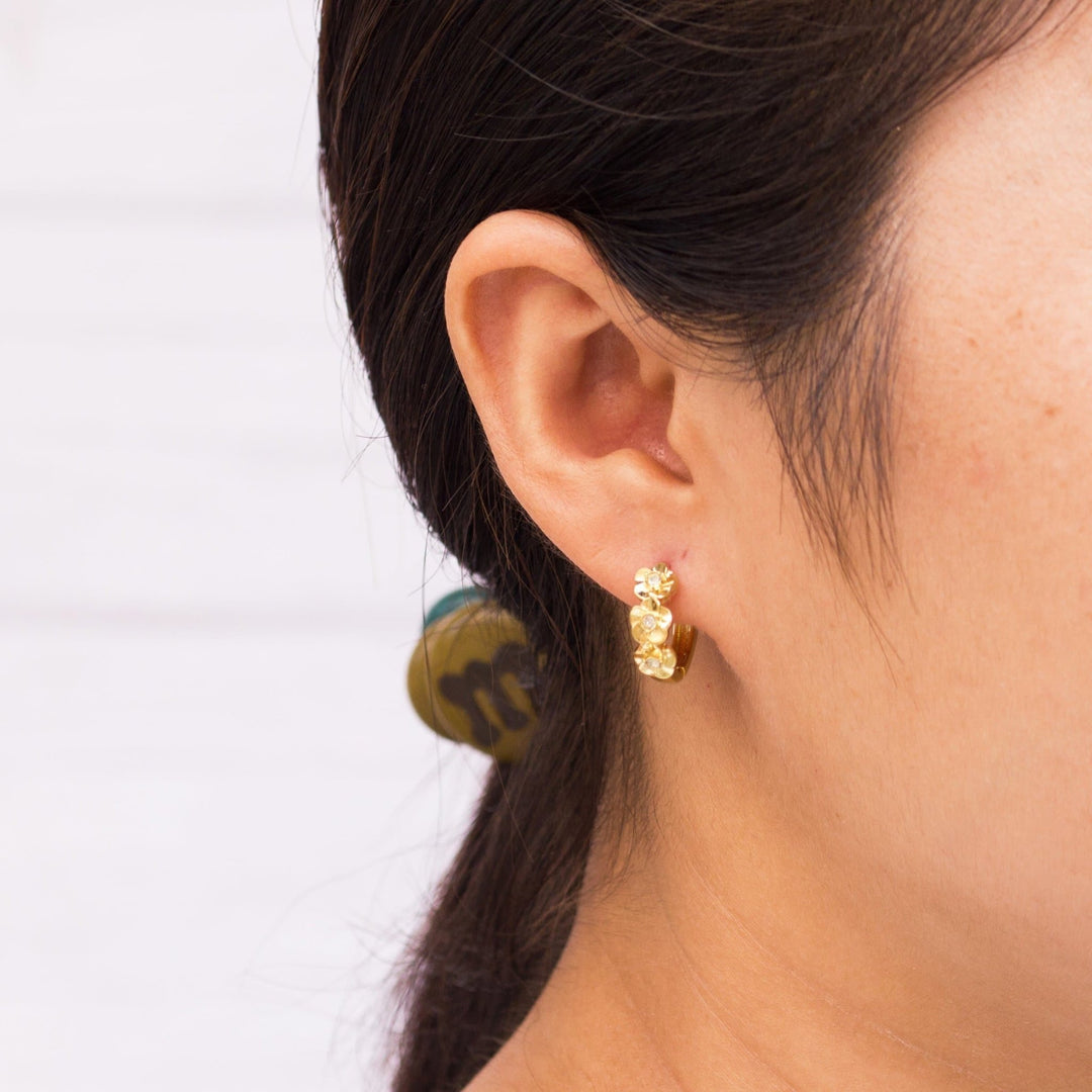 Gold Plated Flower Hoop Earrings Created with Zircondia® Crystals - Philip Jones Jewellery