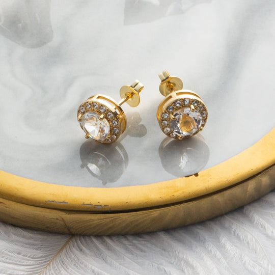 Gold Plated Halo Earrings Created with Zircondia® Crystals - Philip Jones Jewellery