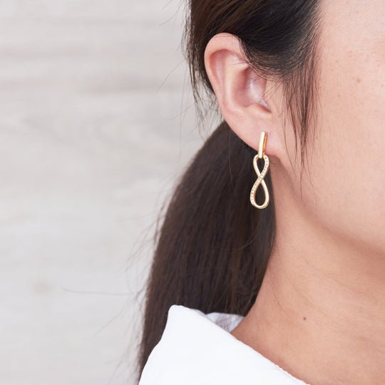 Gold Plated Infinity Drop Earrings Created with Zircondia® Crystals - Philip Jones Jewellery