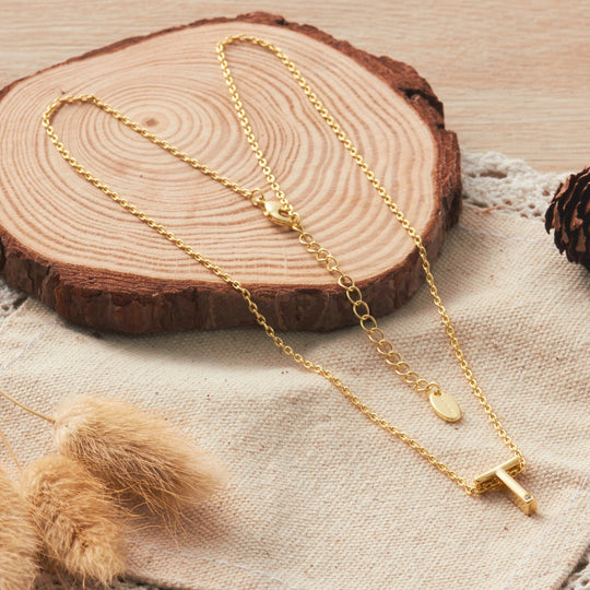 Gold Plated Initial Necklace Letter T Created with Zircondia® Crystals - Philip Jones Jewellery