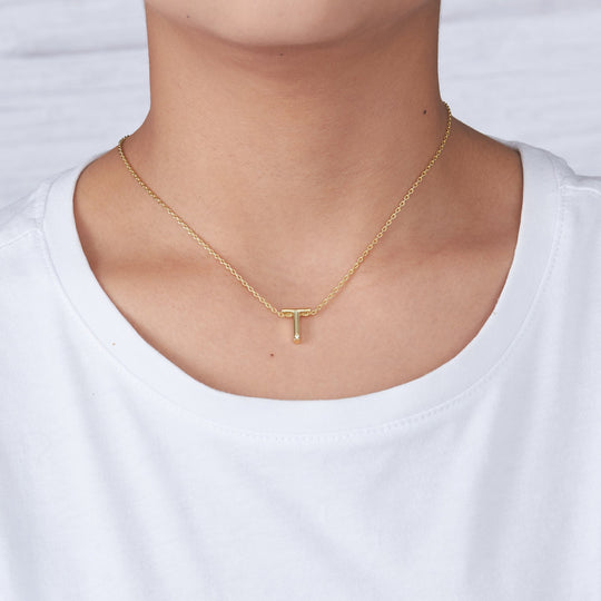 Gold Plated Initial Necklace Letter T Created with Zircondia® Crystals - Philip Jones Jewellery