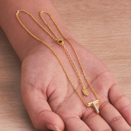 Gold Plated Initial Necklace Letter T Created with Zircondia® Crystals - Philip Jones Jewellery