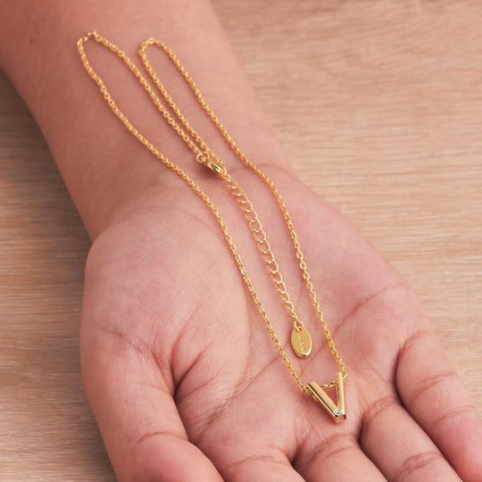 Gold Plated Initial Necklace Letter V Created with Zircondia® Crystals - Philip Jones Jewellery