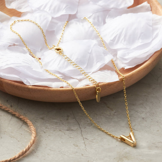 Gold Plated Initial Necklace Letter V Created with Zircondia® Crystals - Philip Jones Jewellery