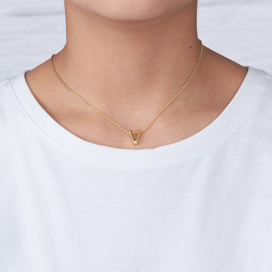 Gold Plated Initial Necklace Letter V Created with Zircondia® Crystals - Philip Jones Jewellery