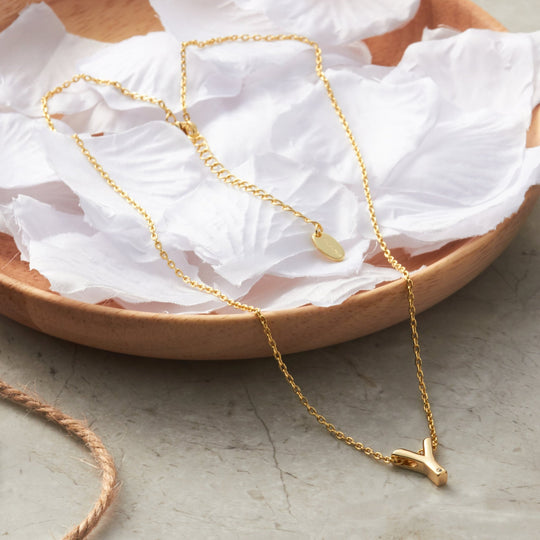 Gold Plated Initial Necklace Letter Y Created with Zircondia® Crystals - Philip Jones Jewellery