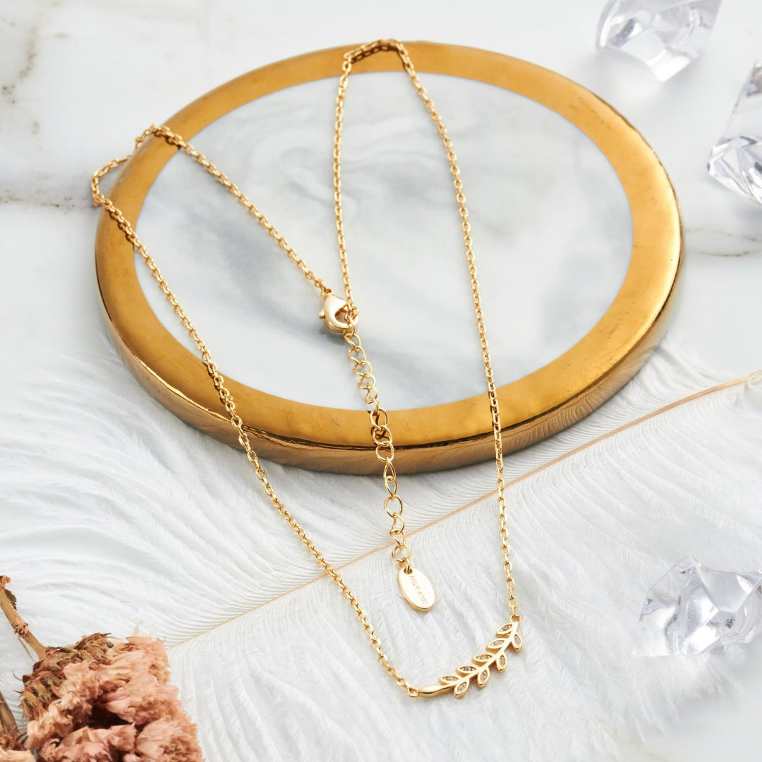 Gold Plated Leaf Necklace Created with Zircondia® Crystals - Philip Jones Jewellery