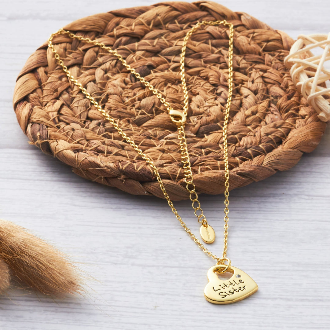 Gold Plated Little Sister Heart Necklace Created with Zircondia® Crystals - Philip Jones Jewellery