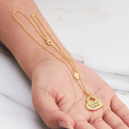 Gold Plated Little Sister Heart Necklace Created with Zircondia® Crystals - Philip Jones Jewellery