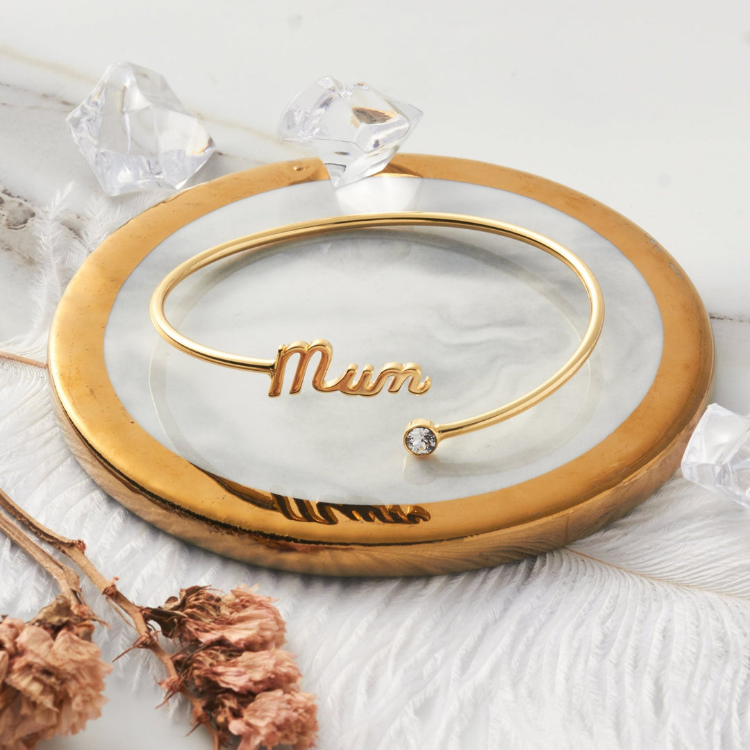 Gold Plated Mum Cuff Bangle Created with Zircondia® Crystals - Philip Jones Jewellery