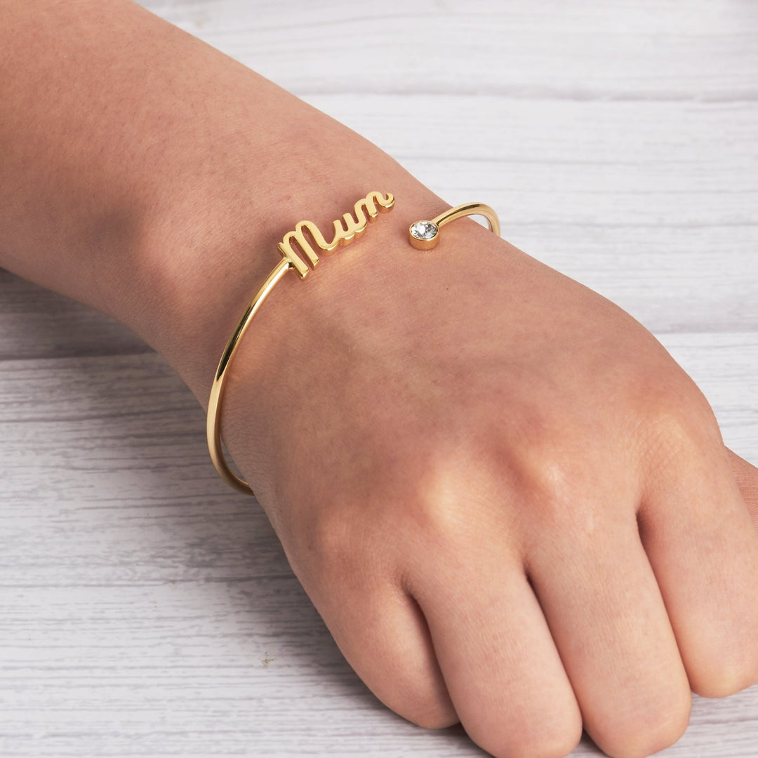 Gold Plated Mum Cuff Bangle Created with Zircondia® Crystals - Philip Jones Jewellery