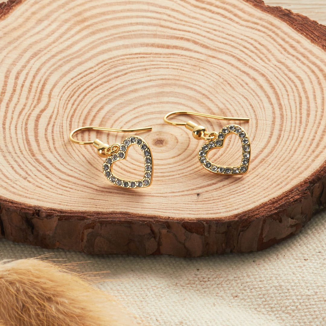 Gold Plated Open Heart Drop Earrings Created with Zircondia® Crystals - Philip Jones Jewellery