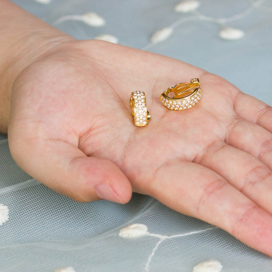 Gold Plated Pave Clip On Earrings Created with Zircondia® Crystals - Philip Jones Jewellery