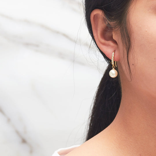 Gold Plated Pearl Drop Set Created with Zircondia® Crystals - Philip Jones Jewellery