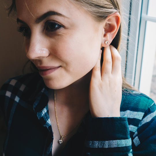 Gold Plated Round Solitaire Set Created with Zircondia® Crystals - Philip Jones Jewellery