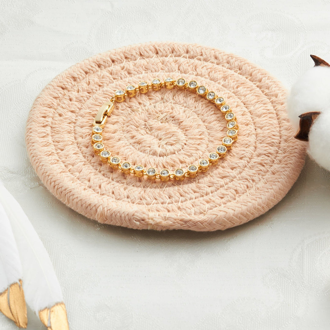 Gold Plated Solitaire Bracelet Created with Zircondia® Crystals - Philip Jones Jewellery