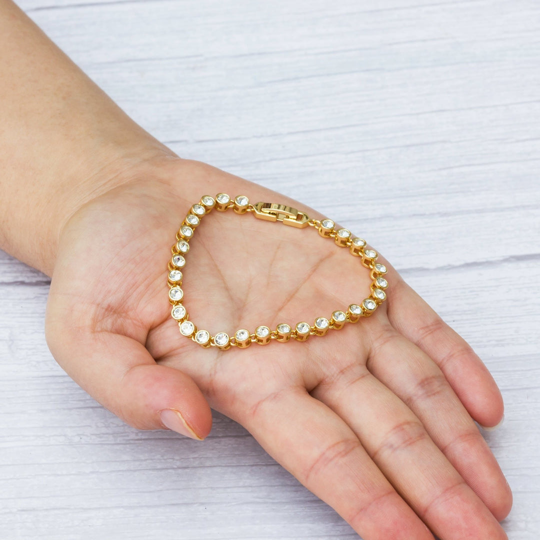 Gold Plated Solitaire Bracelet Created with Zircondia® Crystals - Philip Jones Jewellery